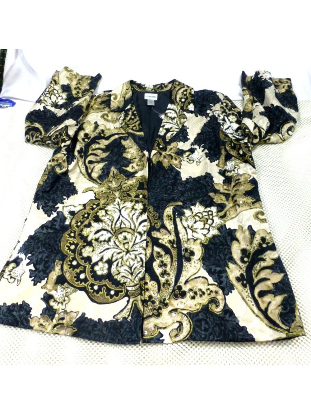 Chicos Gold & Black Brocade Jacket Size 3 Cotton Silk Blend Floral Pattern Lined